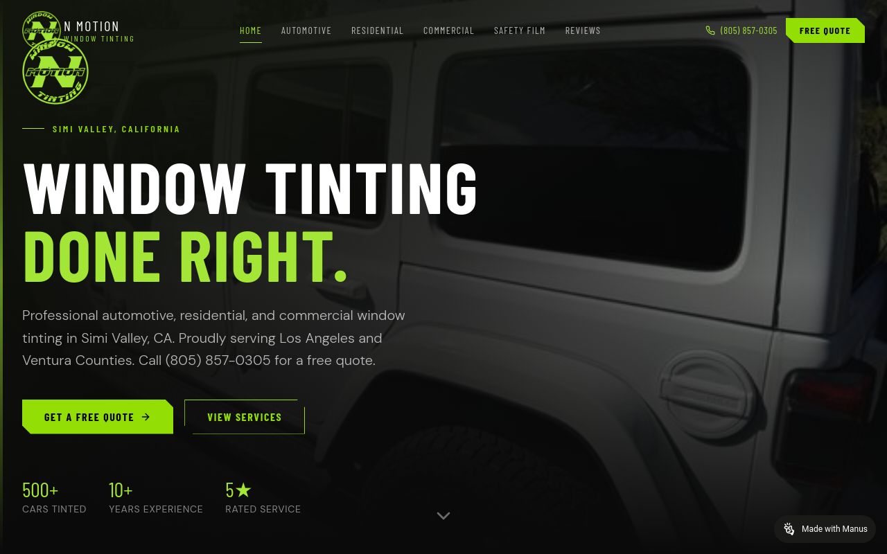 Homepage of N-Motion Window Tinting's website