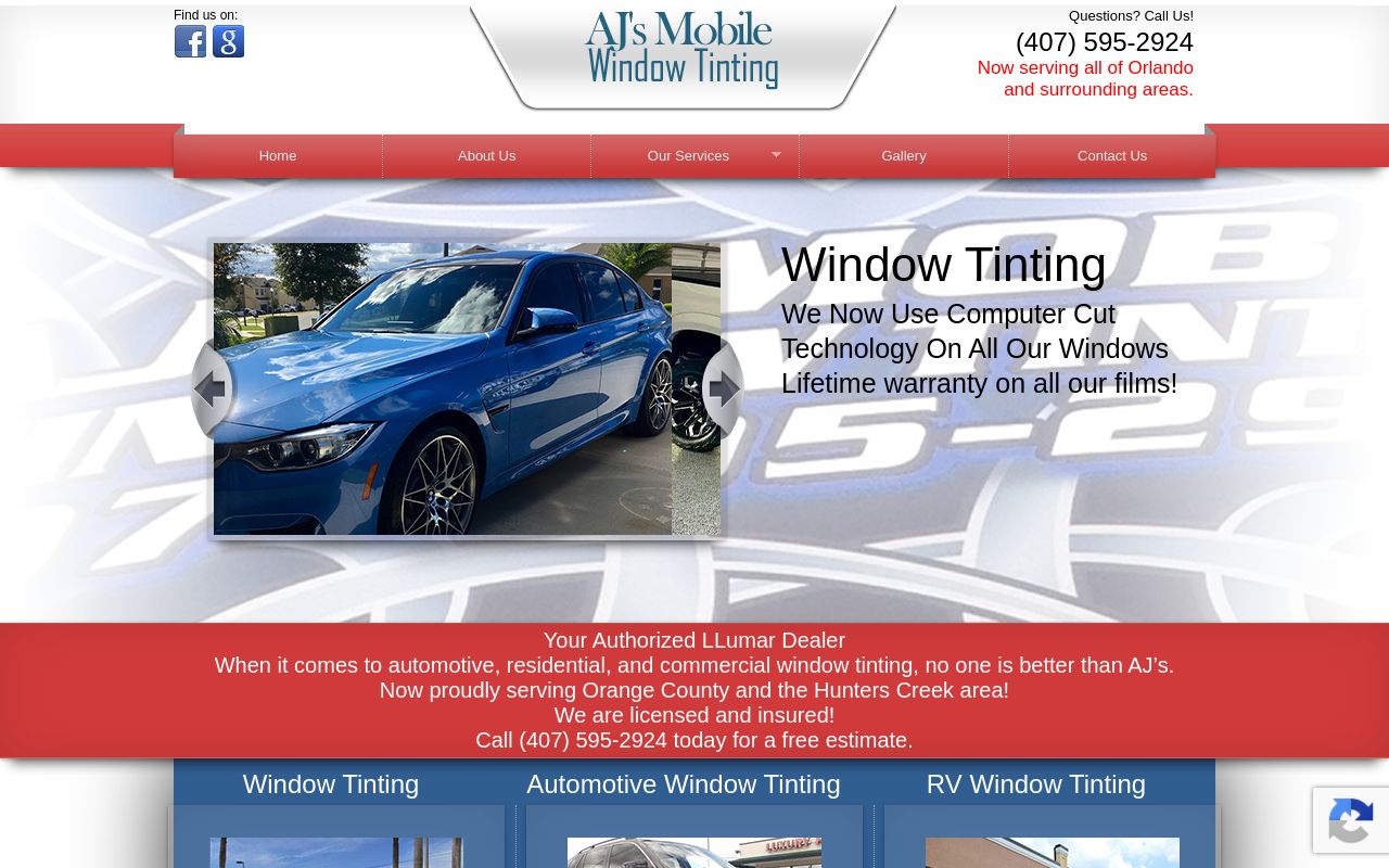 Homepage of AJ'S Mobile Window Tinting's website