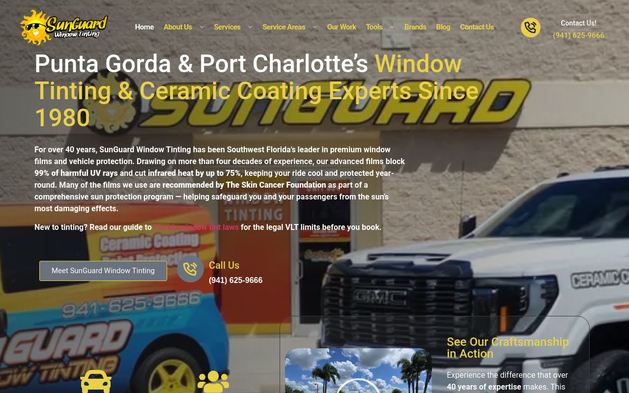 Homepage of Sunguard Window Tint/Ceramic Coating's website