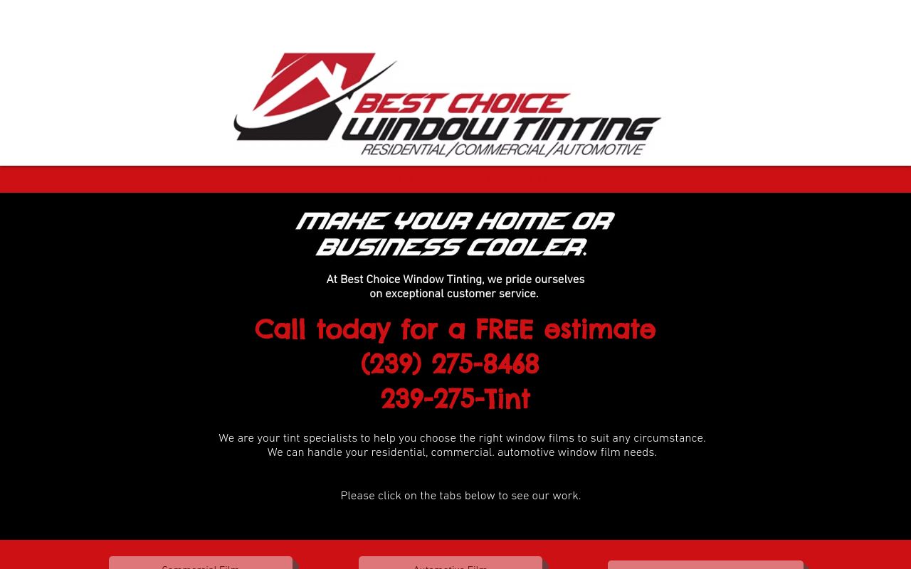 Homepage of Best Choice Window Tinting's website