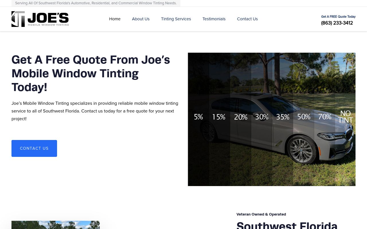 Homepage of Joe's Mobile Window Tinting's website