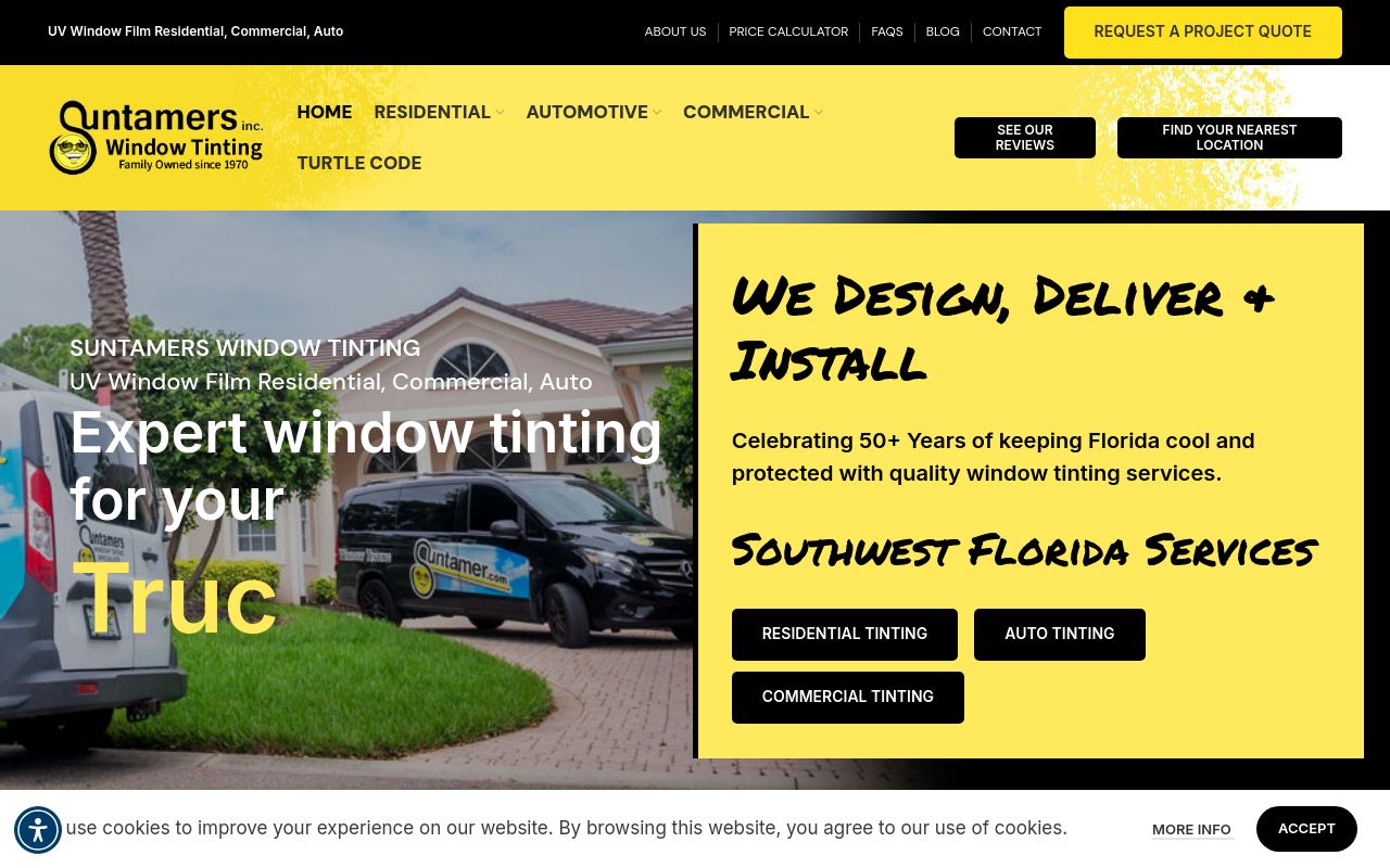 Homepage of Suntamers Home & Auto Window Tinting's website