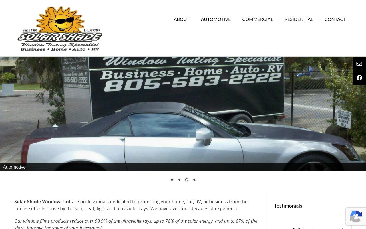 Homepage of Solar Shade Window Tinting's website
