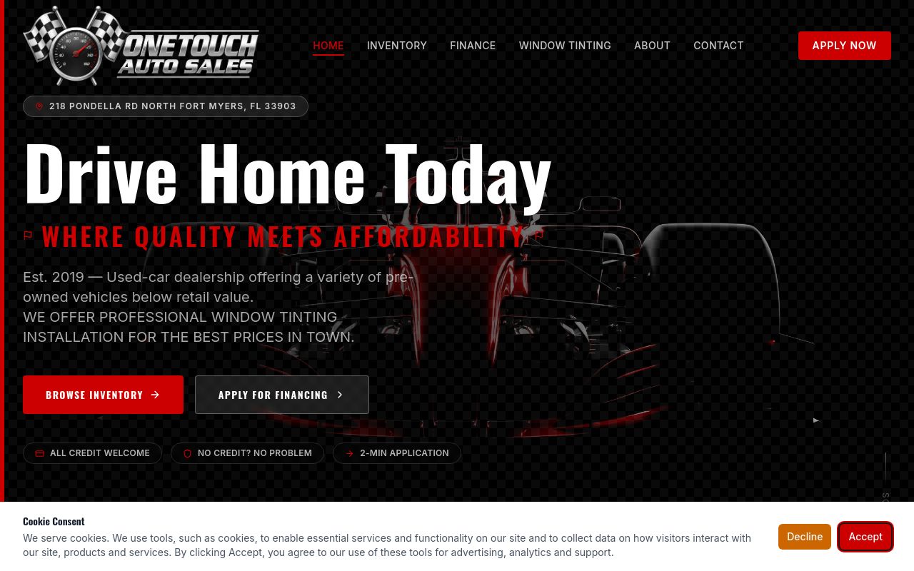 Homepage of ONETOUCH AUTO SALES & WINDOW TINTS's website