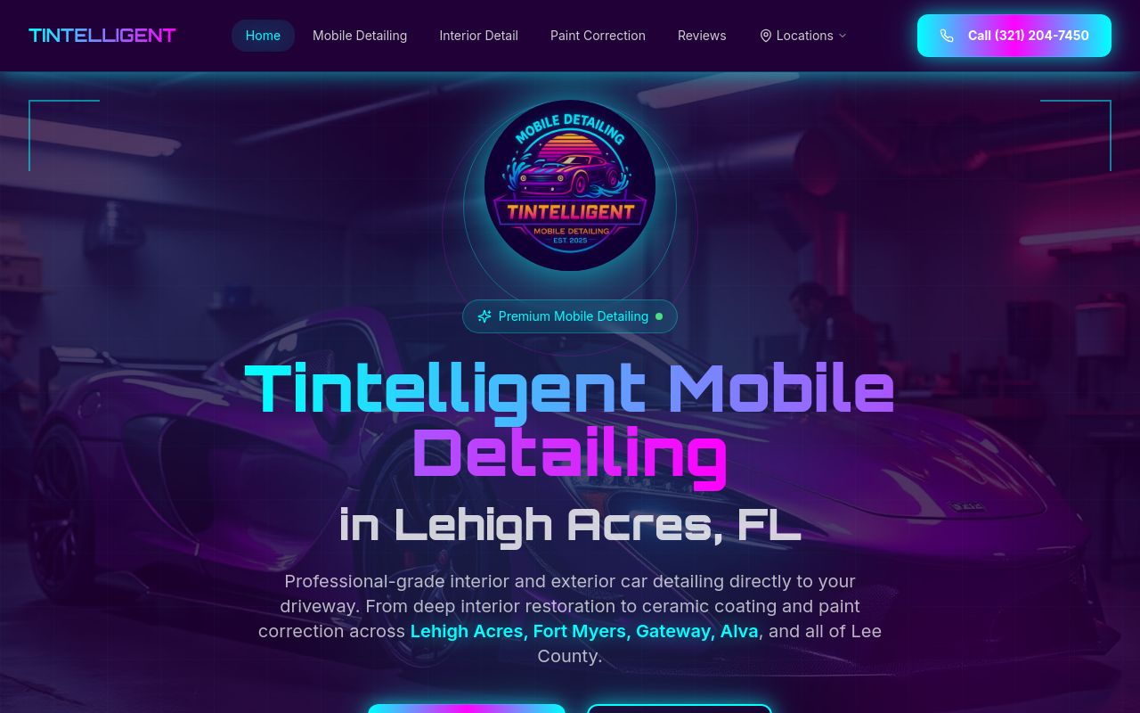 Homepage of Tintelligent Mobile Detailing's website