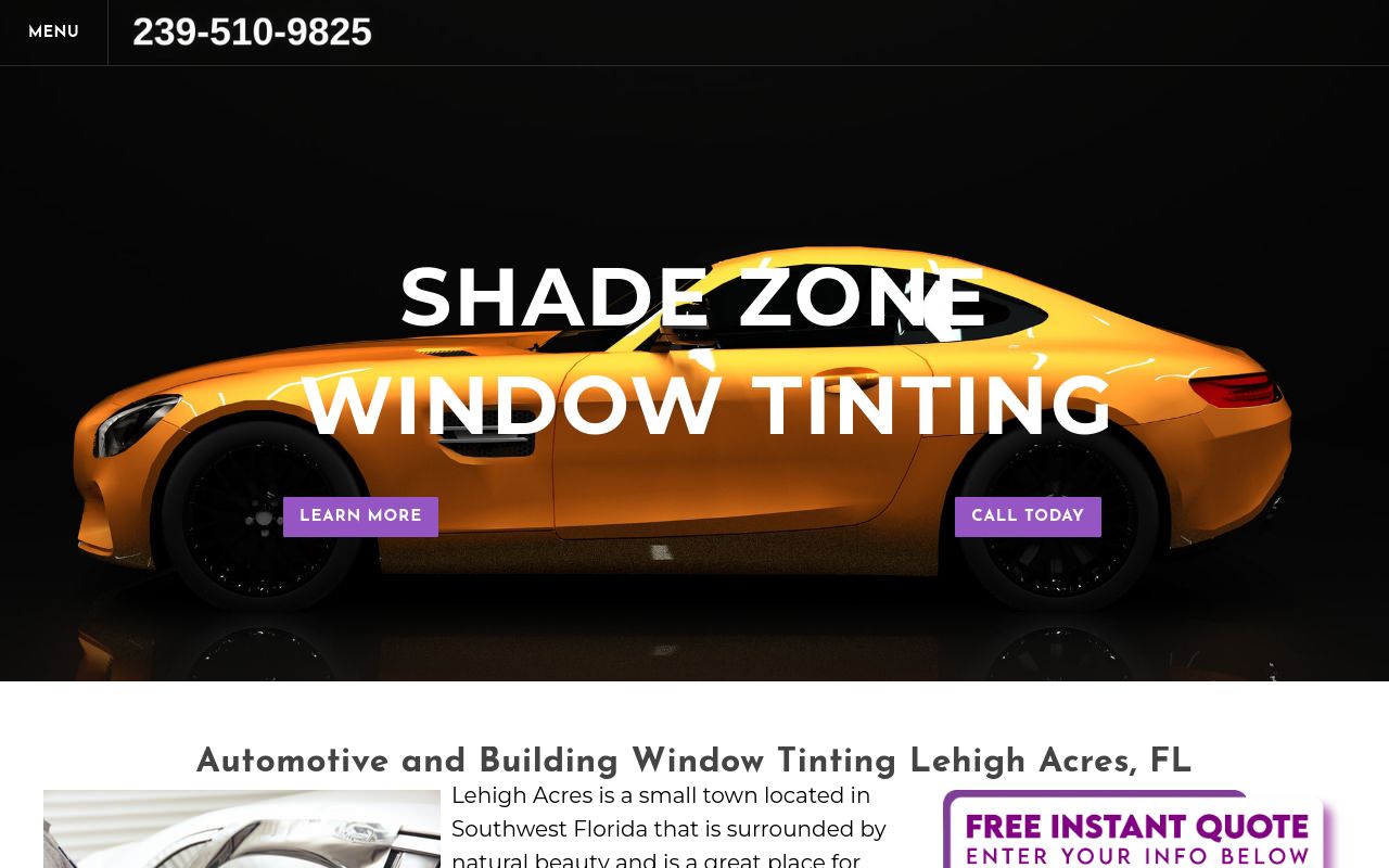Homepage of Shade Zone Window Tinting's website