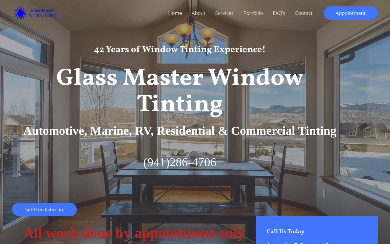 Homepage of Glassmaster Window Tinting's website