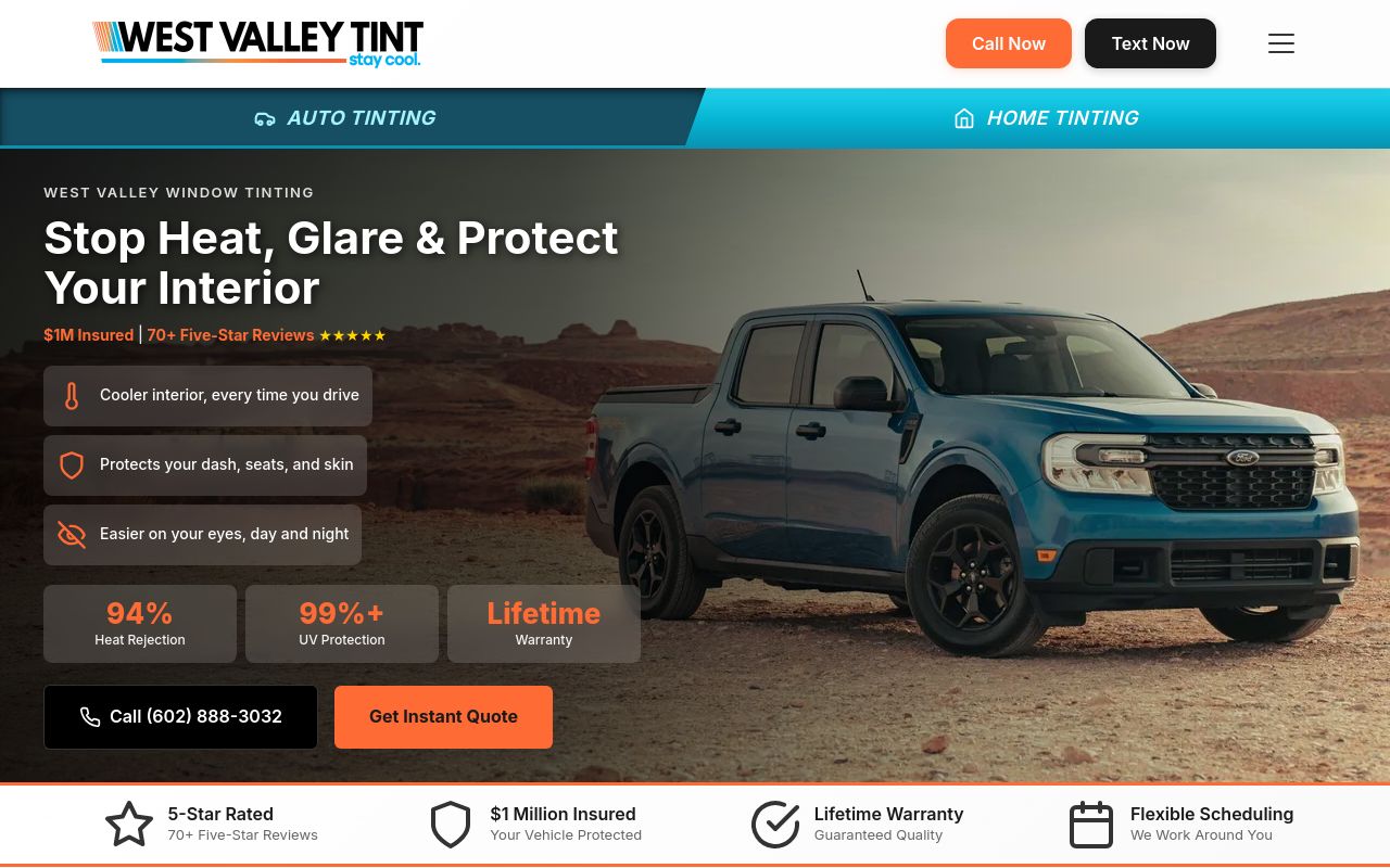 Homepage of West Valley Tint's website