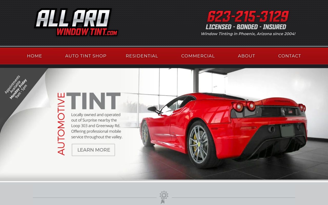 Homepage of All Pro Window Tint's website