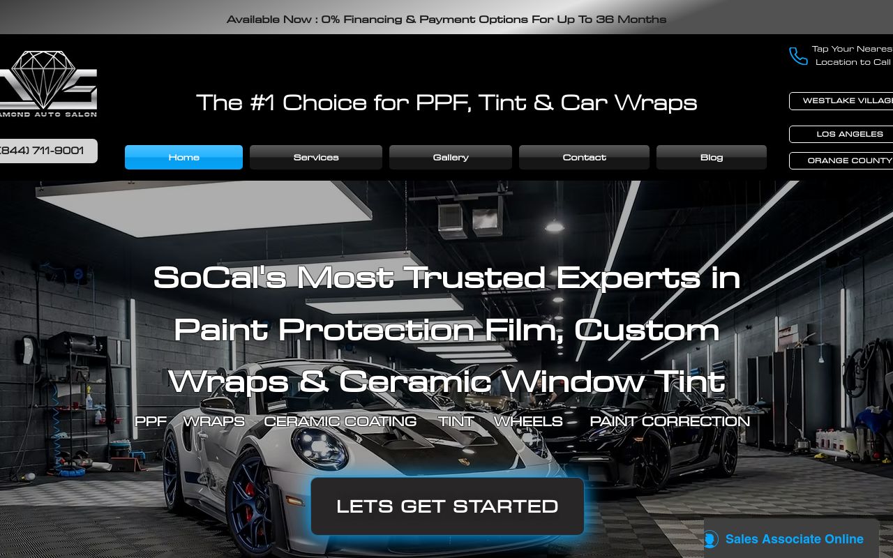 Homepage of Diamond Auto Salon's website