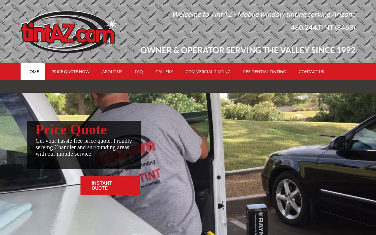 Homepage of Tint AZ Mobile Window Tinting's website