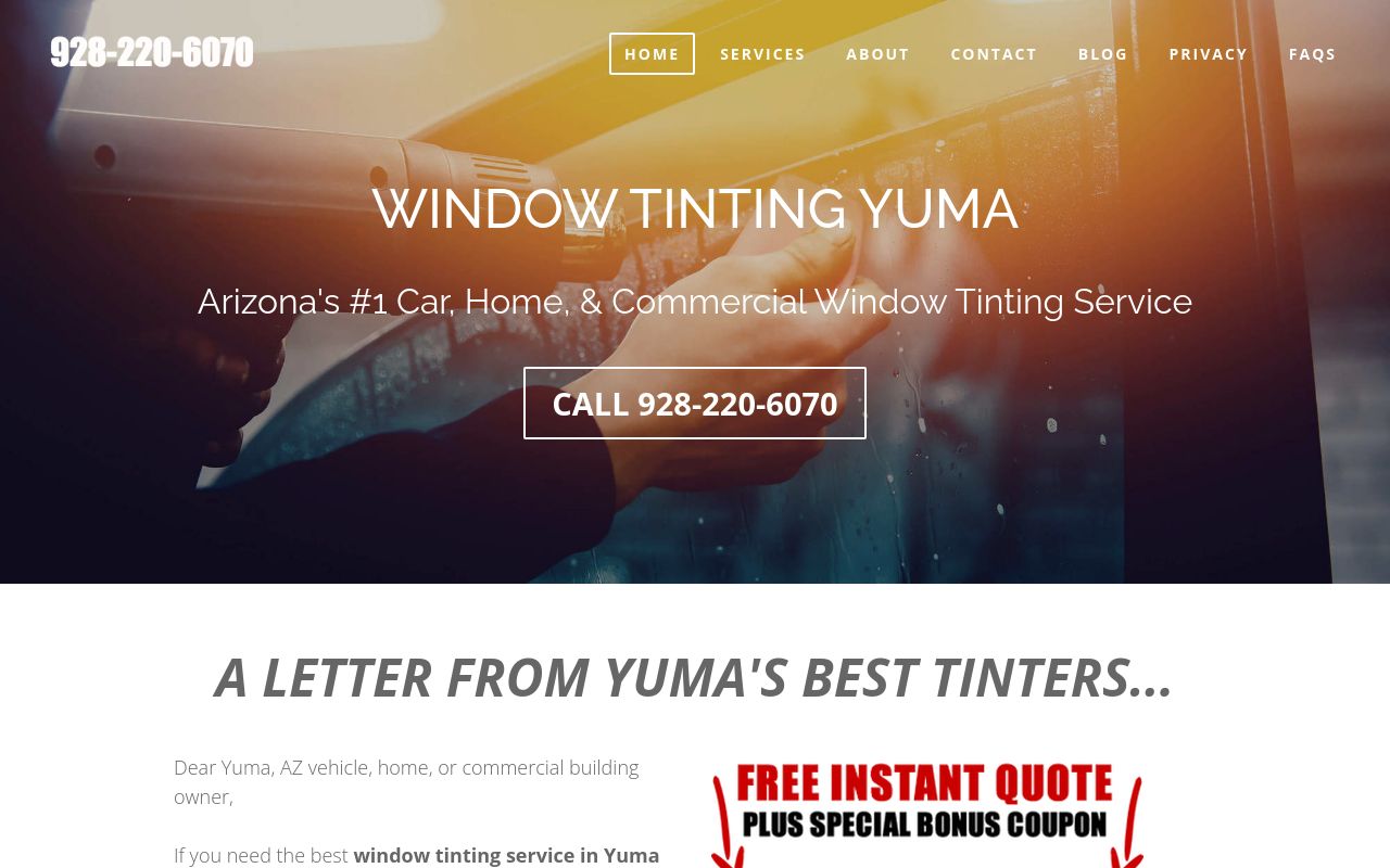 Homepage of Window Tinting Yuma's website