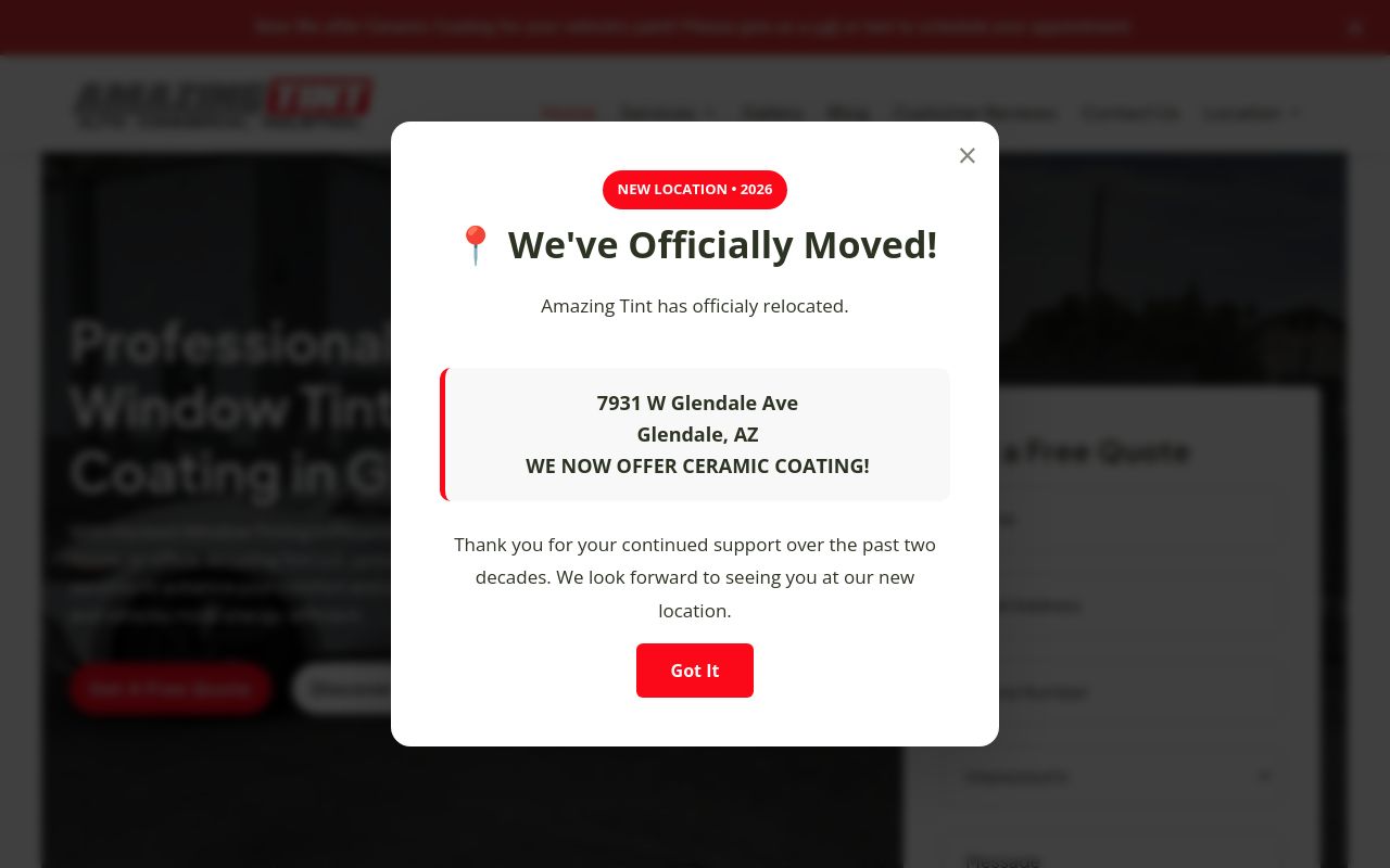Homepage of Amazing Tint Phoenix LLC's website