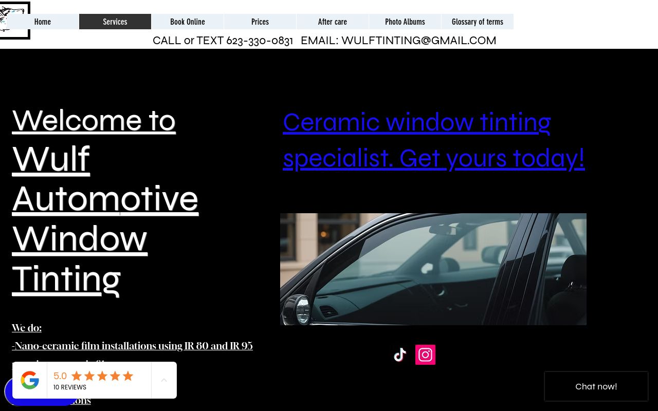 Homepage of WULF Window Tinting LLC's website