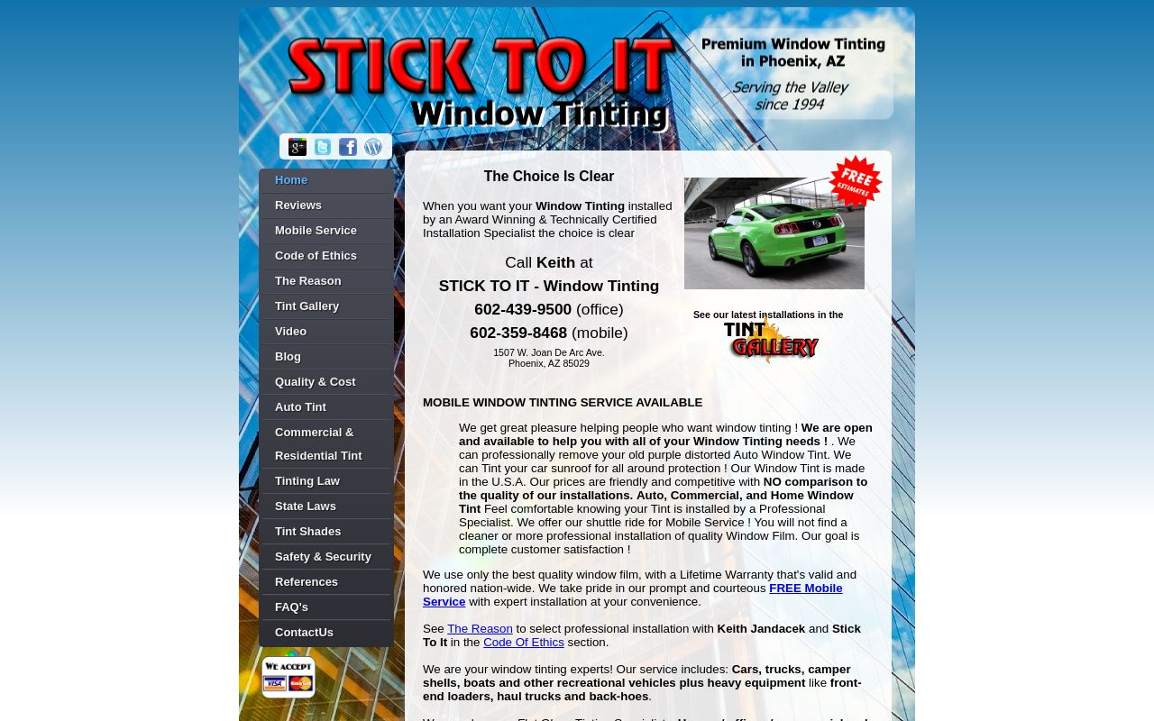 Homepage of Stick To It Window Tinting's website