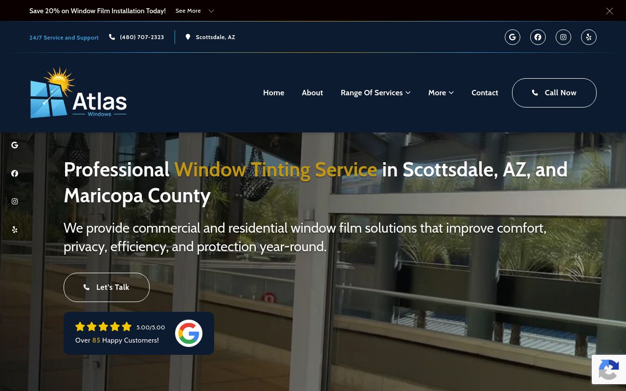 Homepage of Atlas Window Tinting's website