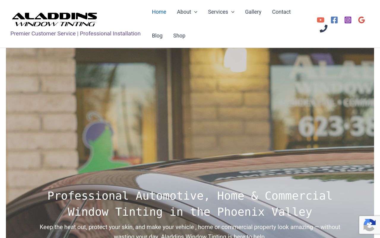Homepage of Aladdins Window Tinting's website