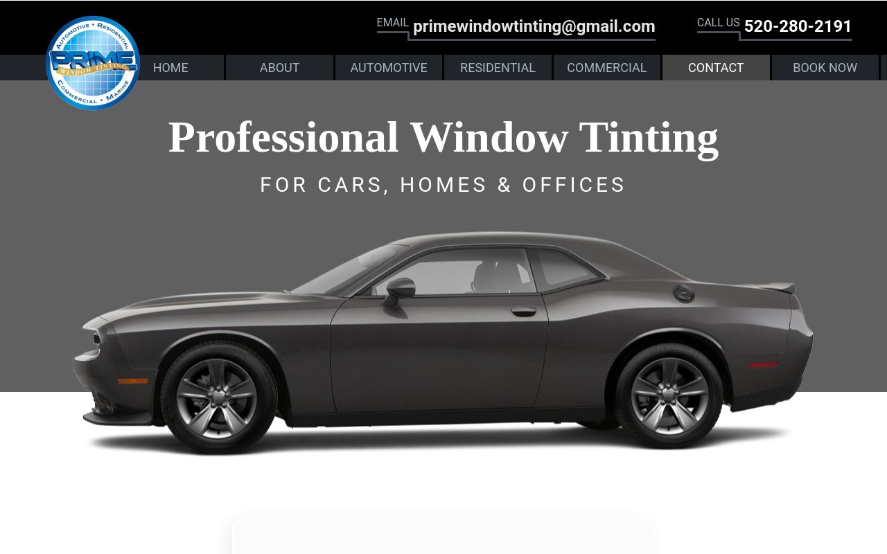 Homepage of Prime Window Tinting's website