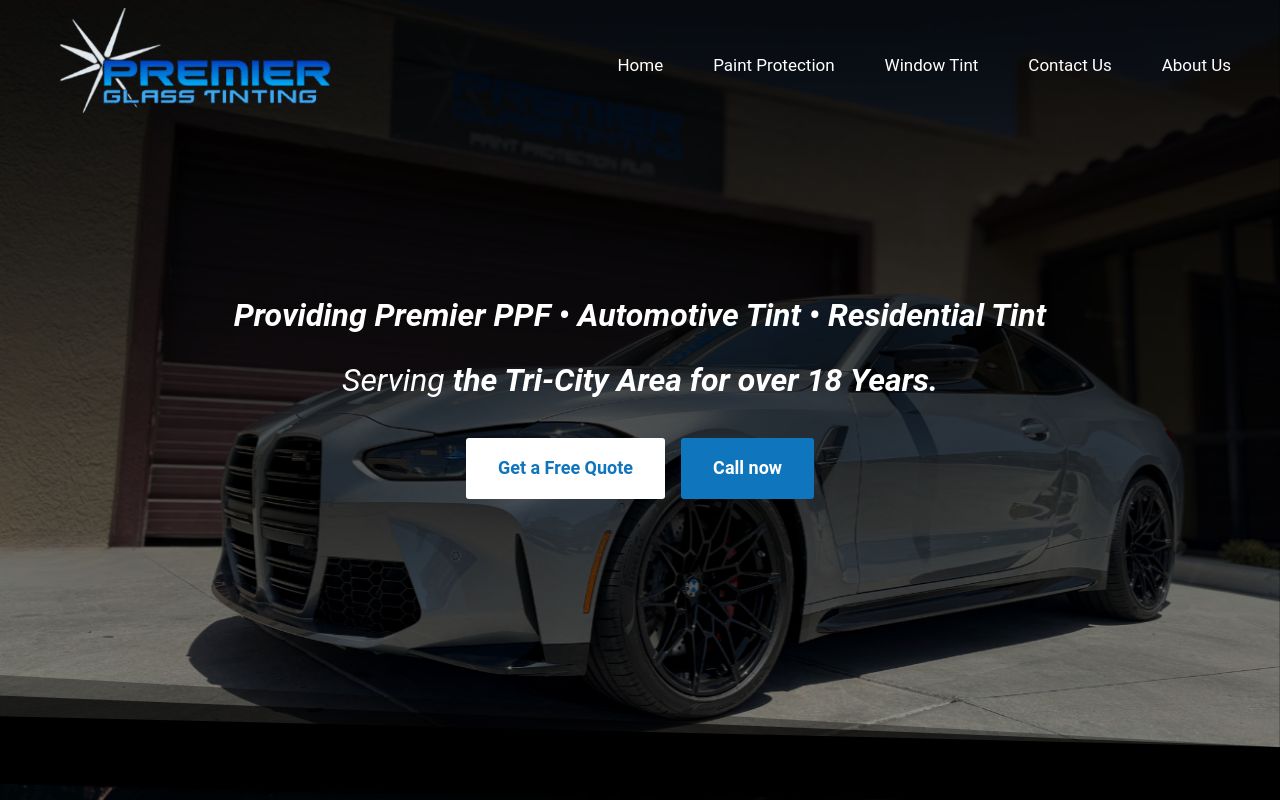 Homepage of Premier Glass Tinting's website