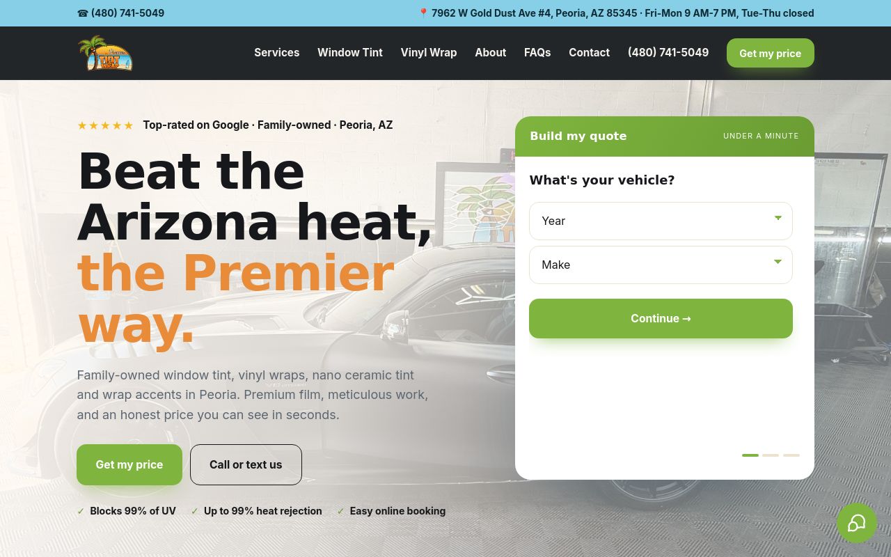 Homepage of Premier Tint & Wrap's website