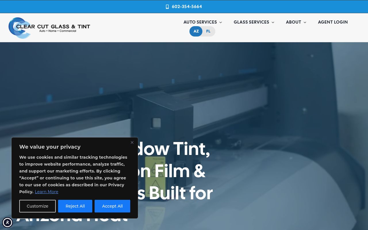 Homepage of Clear Cut Tint's website
