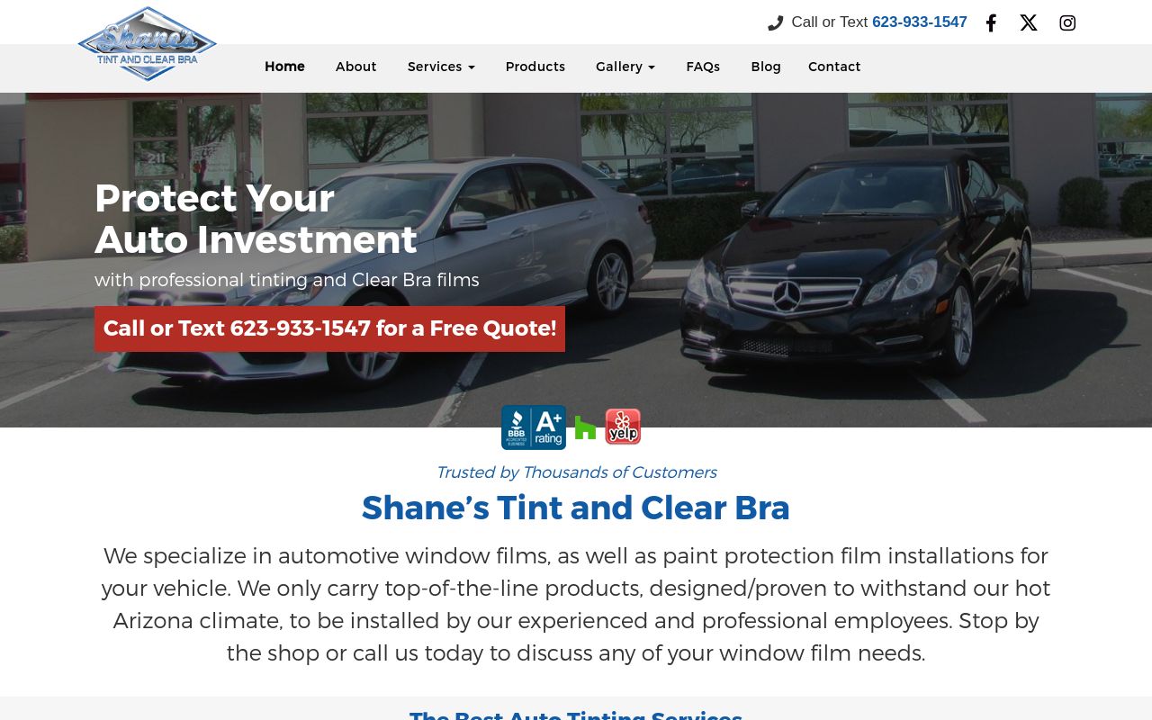 Homepage of Shane's Tint & Clear Bra's website