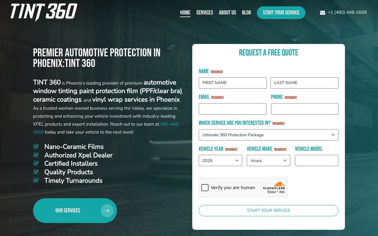 Homepage of TINT 360's website