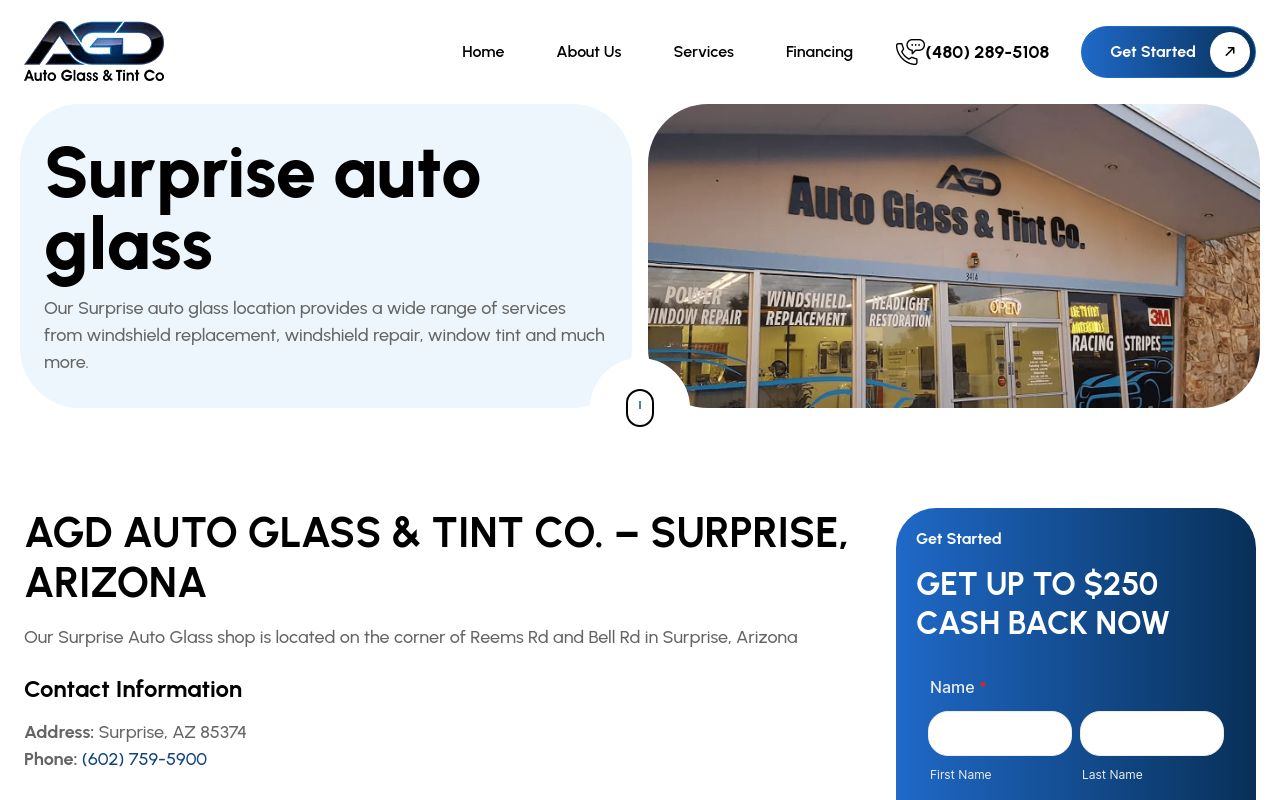 Homepage of AGD Auto Glass & Tint Co.'s website