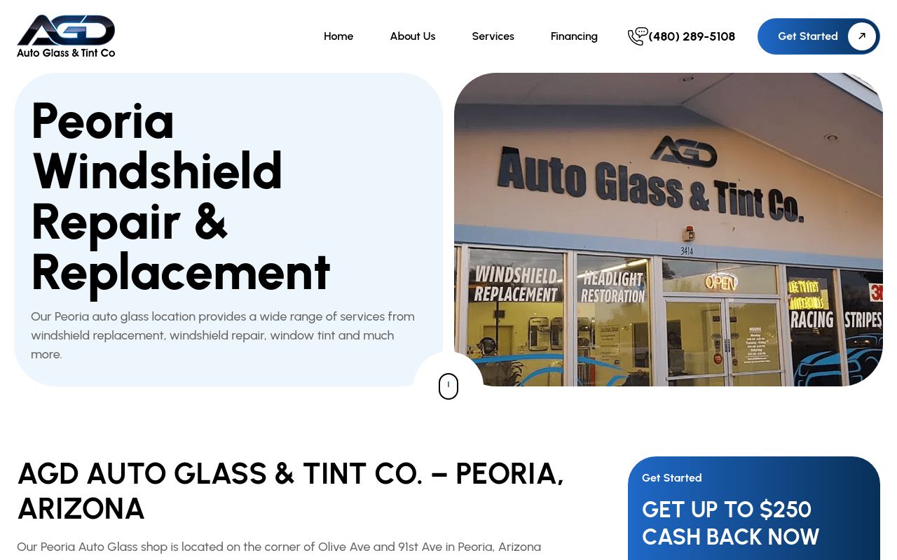Homepage of AGD Auto Glass & Tint Co.'s website