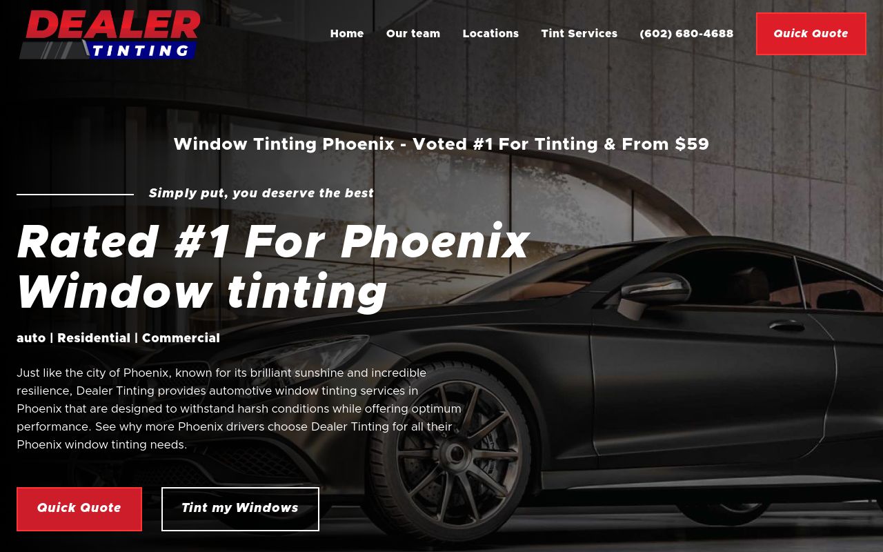 Homepage of Dealer Tinting's website