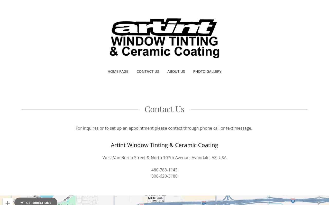 Homepage of artint Window Tinting & Ceramic Coating's website