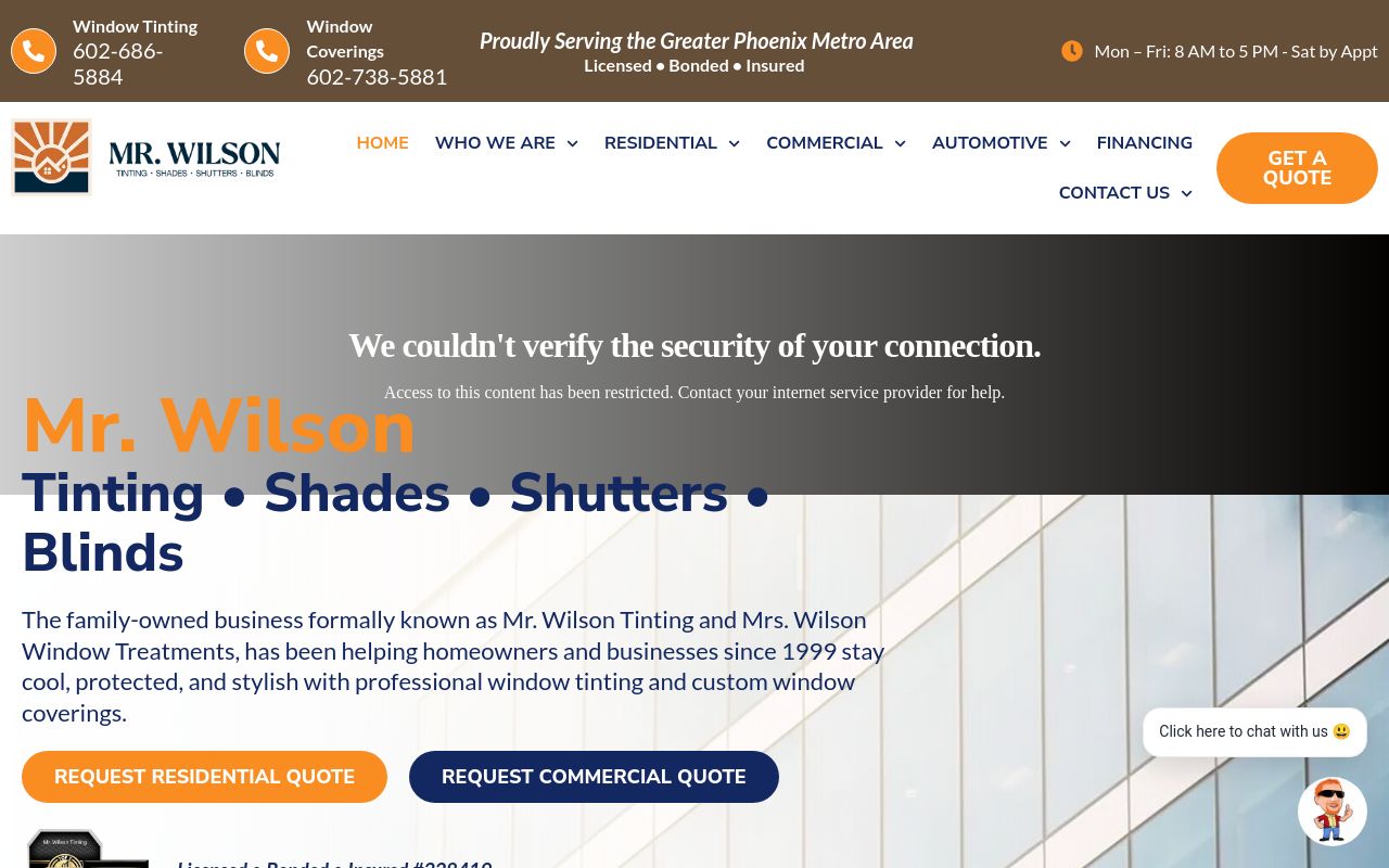 Homepage of Mr. Wilson Tinting's website