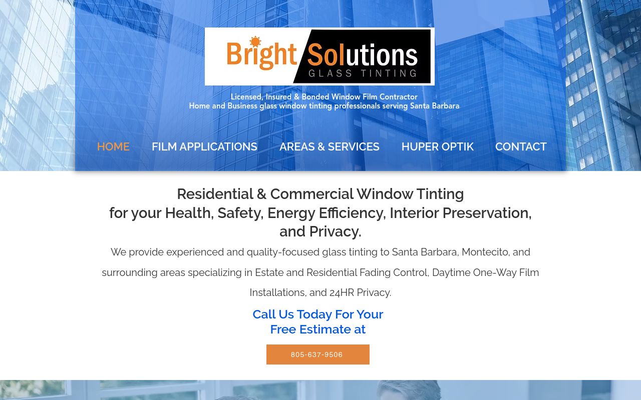 Homepage of Bright Solutions Residential and Commercial Glass Tinting's website
