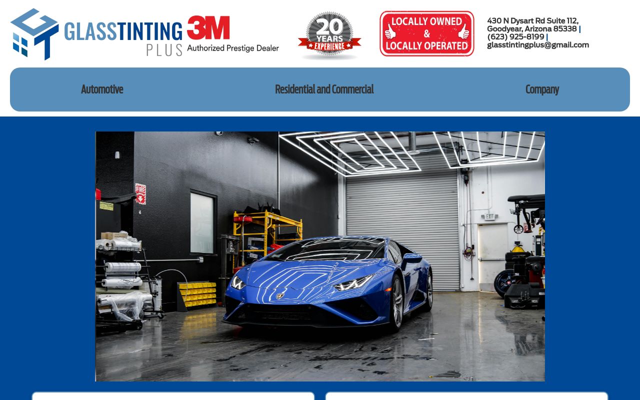 Homepage of 3M Glass Tinting Plus & Clear Bra's website