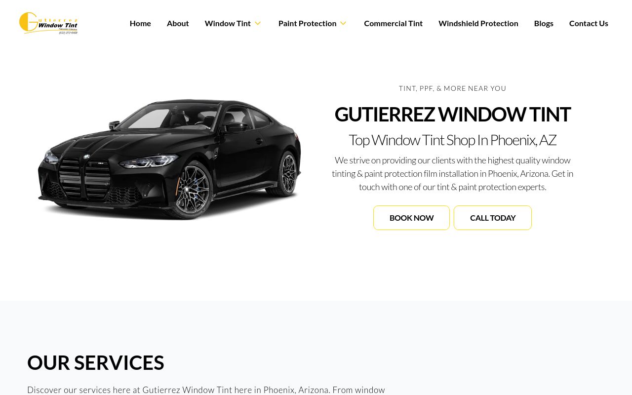 Homepage of Gutierrez window tint's website