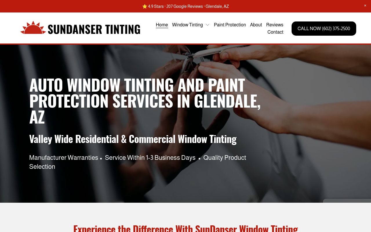 Homepage of SunDanser Window Tinting's website