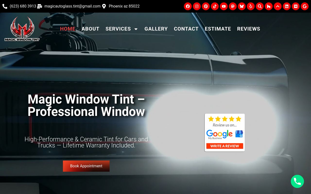 Homepage of Magic Window Tint's website