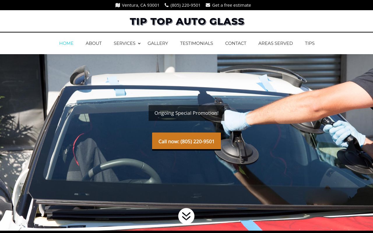 Homepage of Tip Top Auto Glass's website