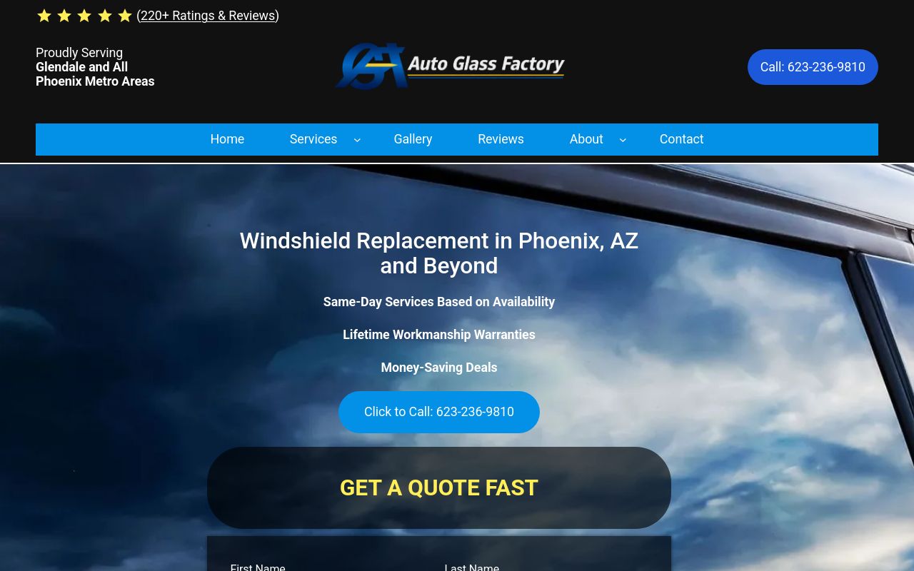 Homepage of Auto Glass Factory's website