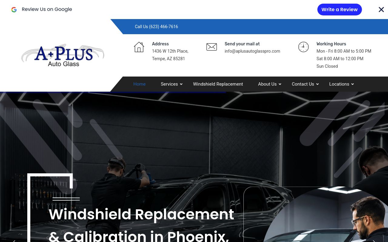 Homepage of A+ Plus Windshield Replacement & Windshield Calibration's website