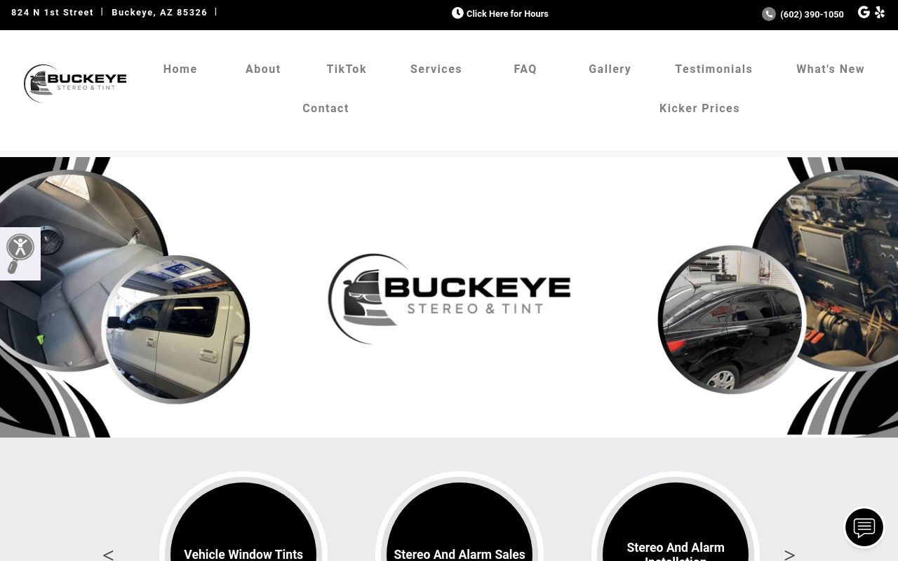 Homepage of Buckeye Stereo and Tint's website