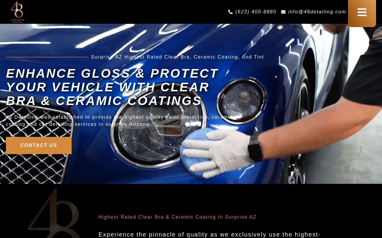 Homepage of 48 Detailing Co. PPF, Window Tint, Ceramic Coatings's website