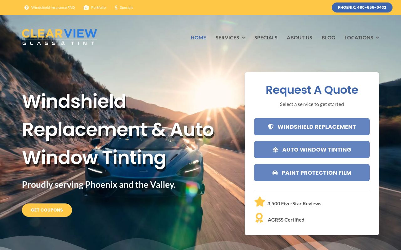Homepage of Clear View Glass and Tint's website