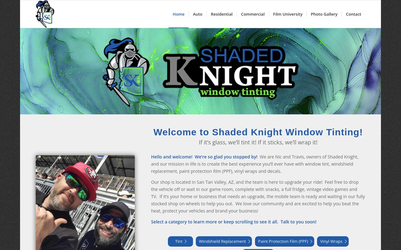 Homepage of Shaded Knight Window Tint, LLC's website