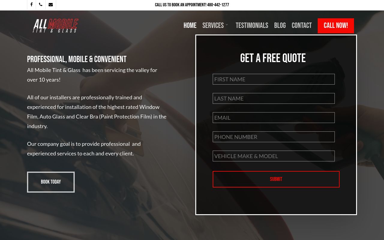 Homepage of All Mobile Tint & Glass's website