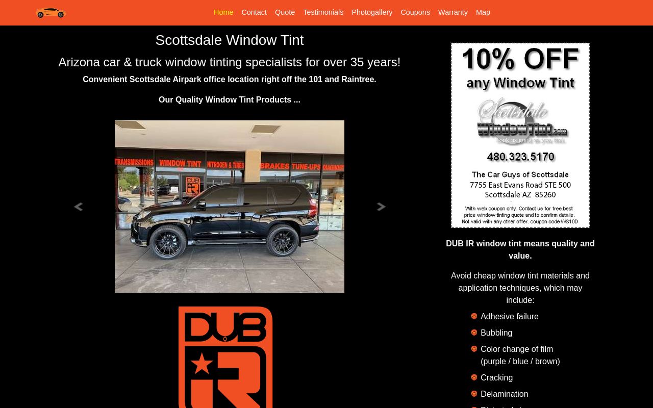 Homepage of Scottsdale Window Tint's website