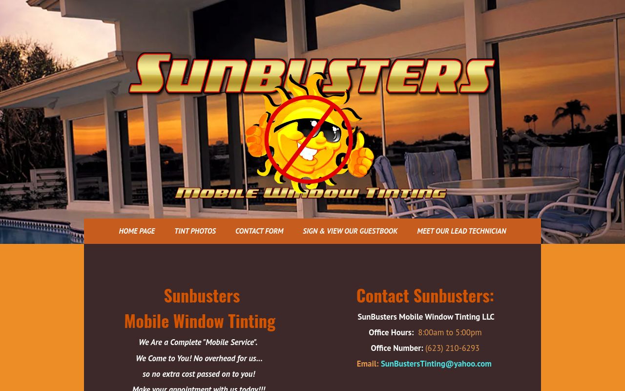 Homepage of Sunbusters Mobile Window Tinting LLC's website