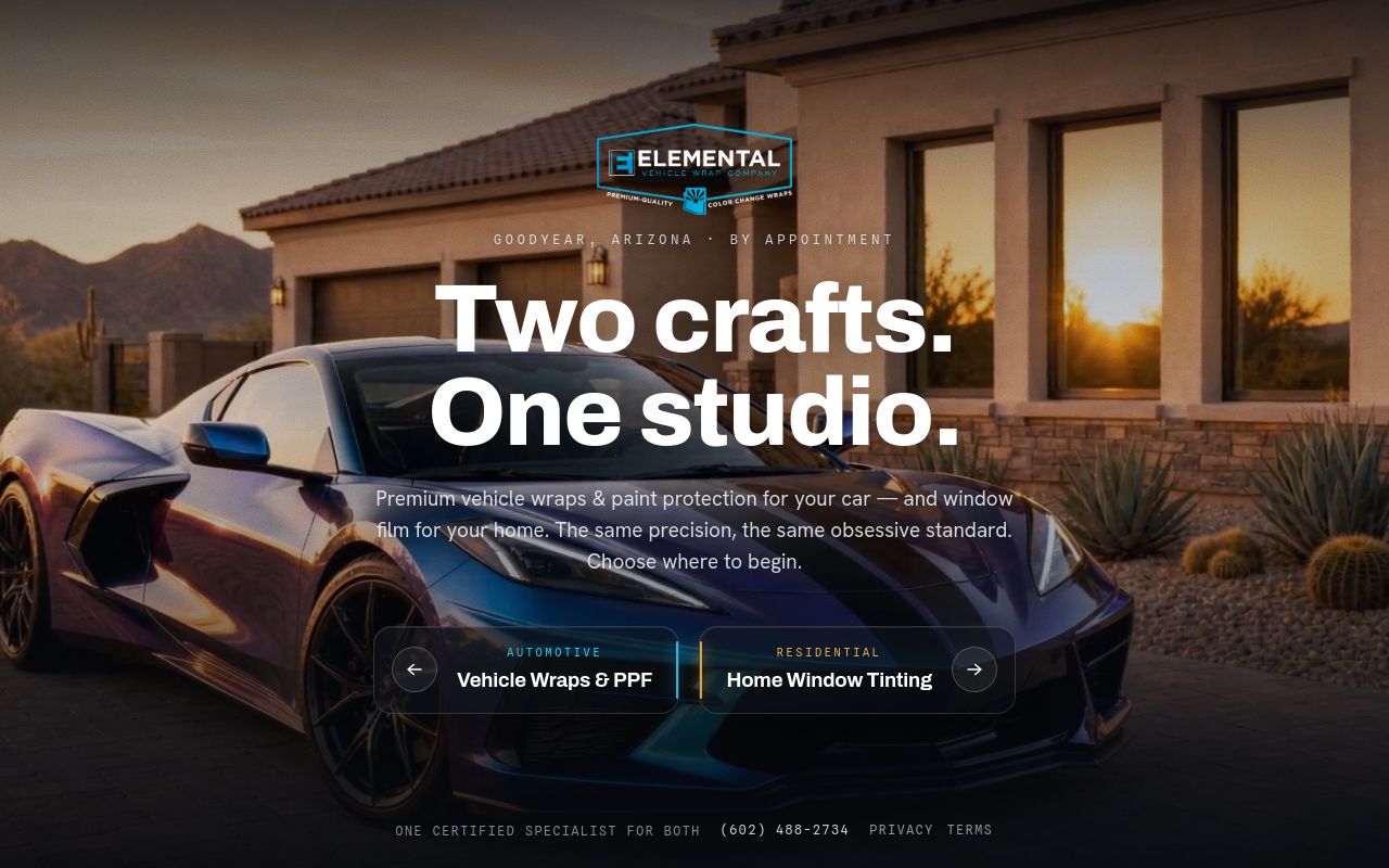 Homepage of Elemental Vehicle Wrap Company's website