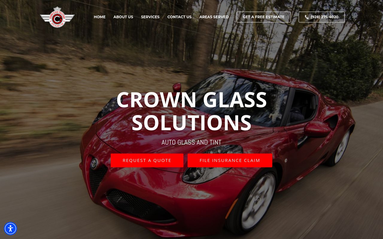 Homepage of Crown Glass Solutions Auto Glass & Tint's website