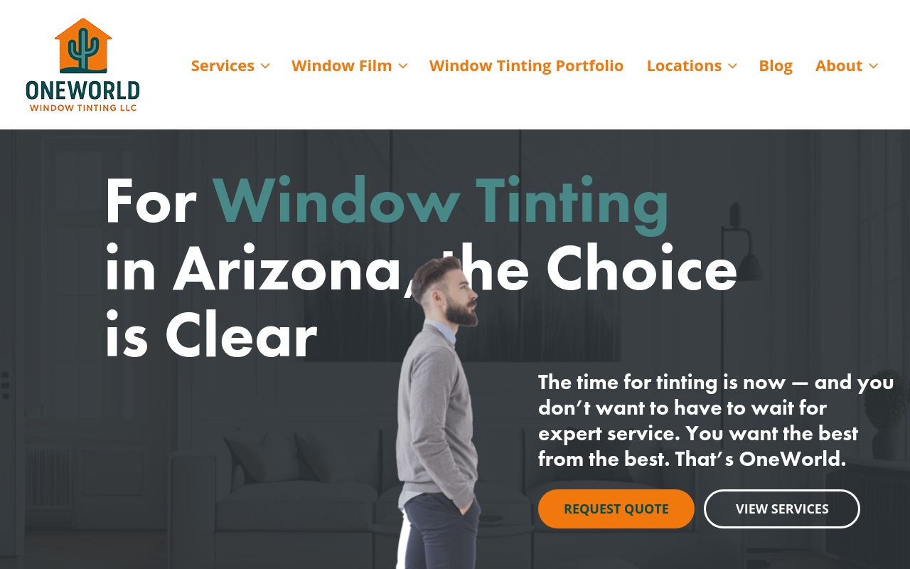 Homepage of OneWorld Window Tinting LLC's website